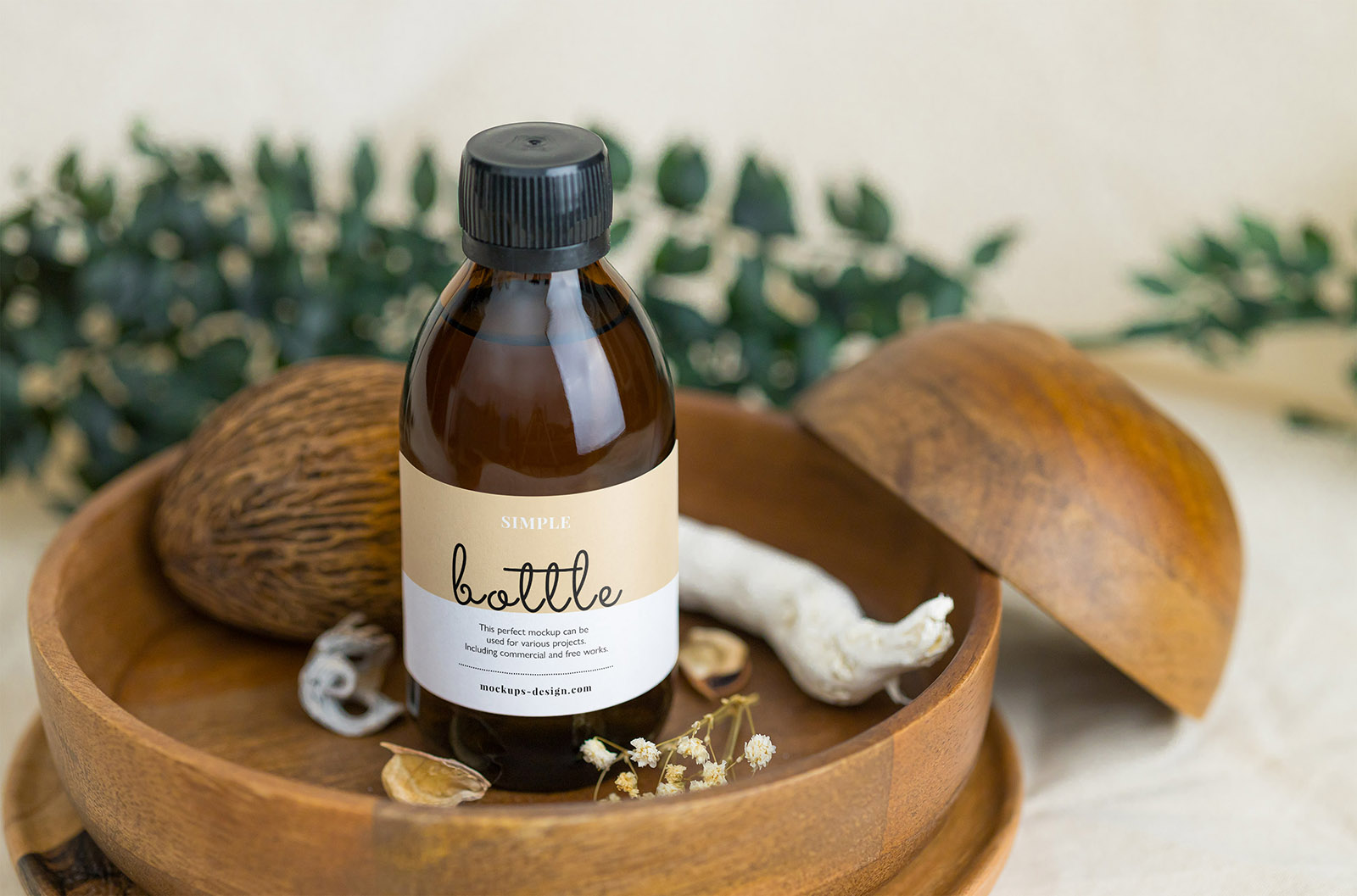 Sirup bottle on wooden tray mockup