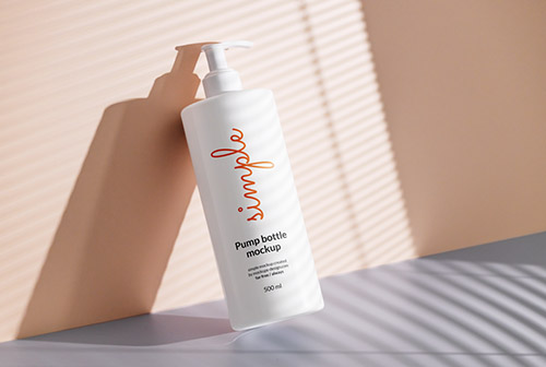 White pump bottle lying on wall mockup