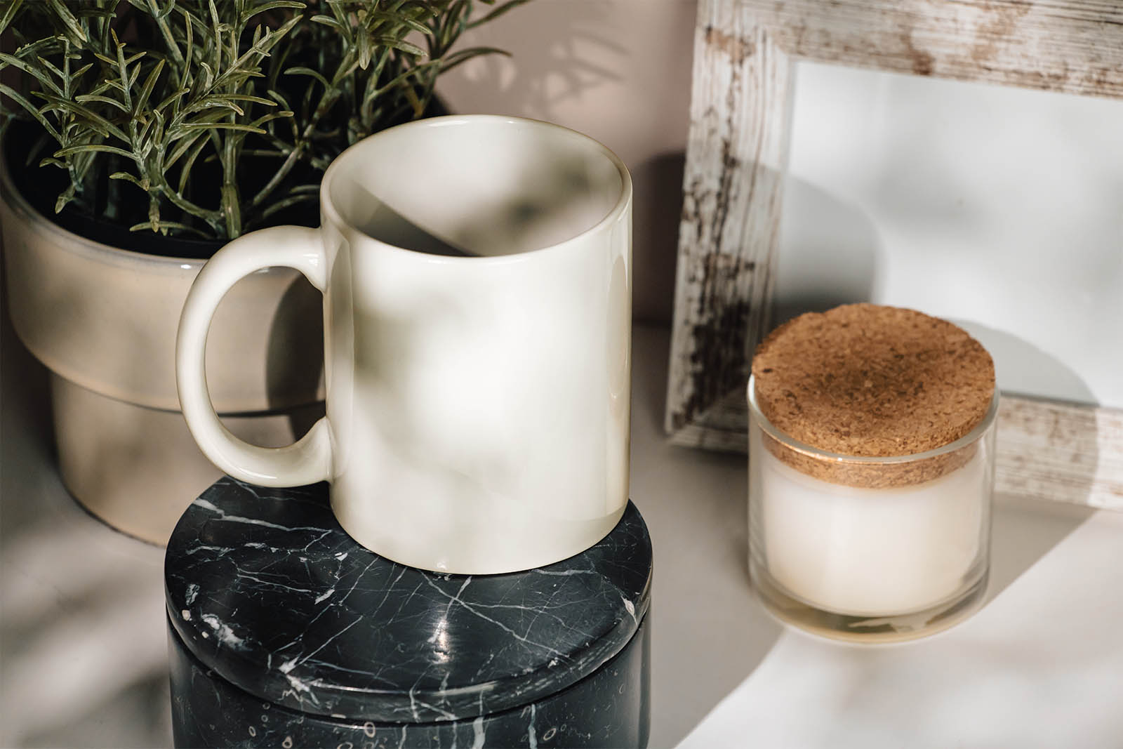 Mug on marble tile mockup