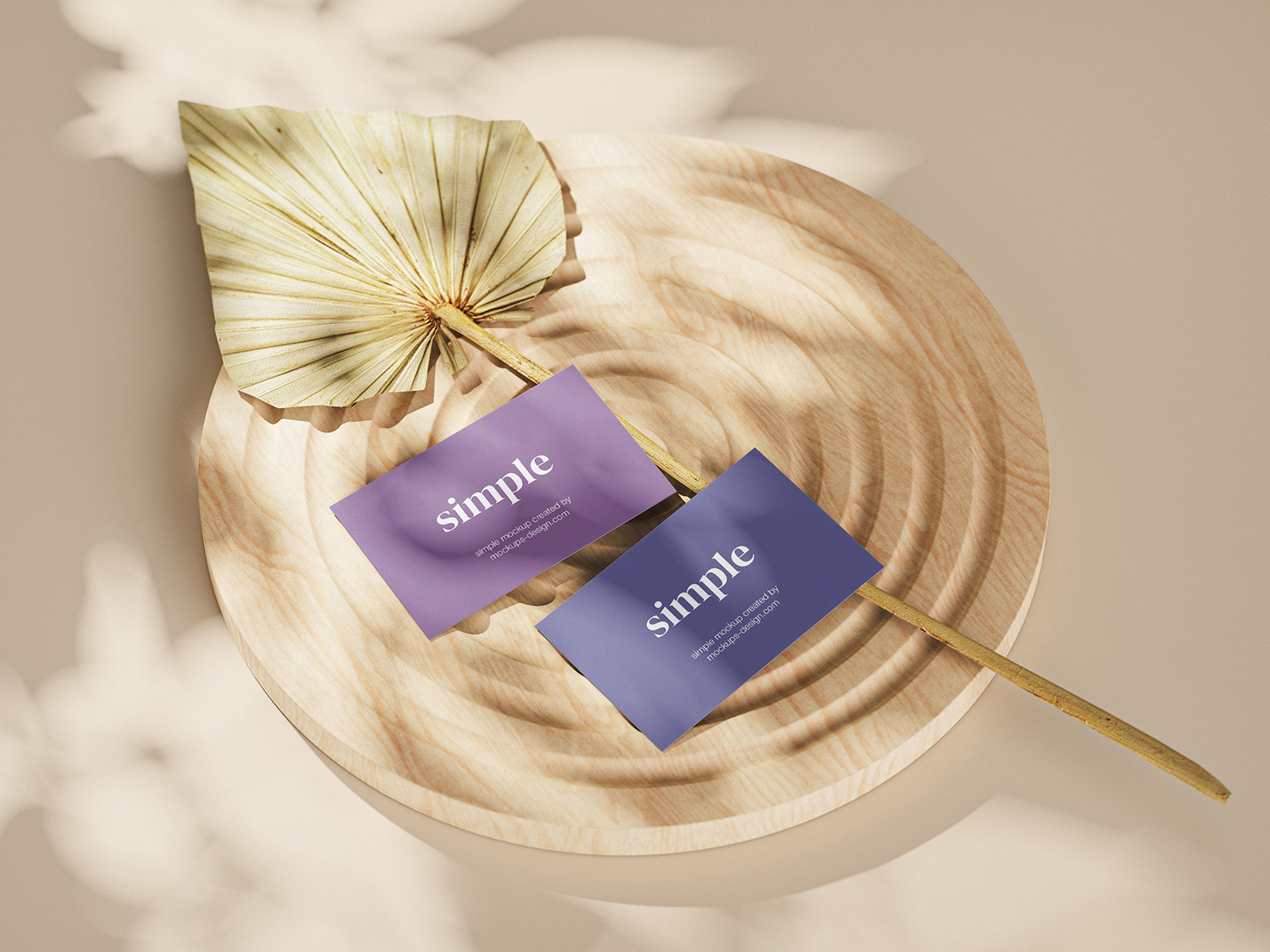 Business cards mockup on wooden ornament