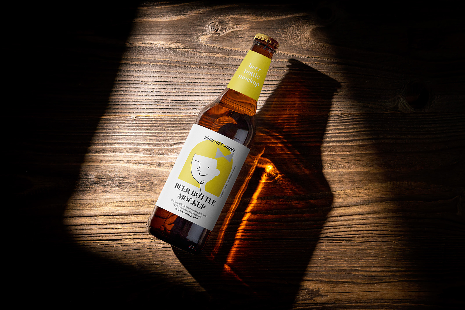 Beer bottle on wooden background mockup